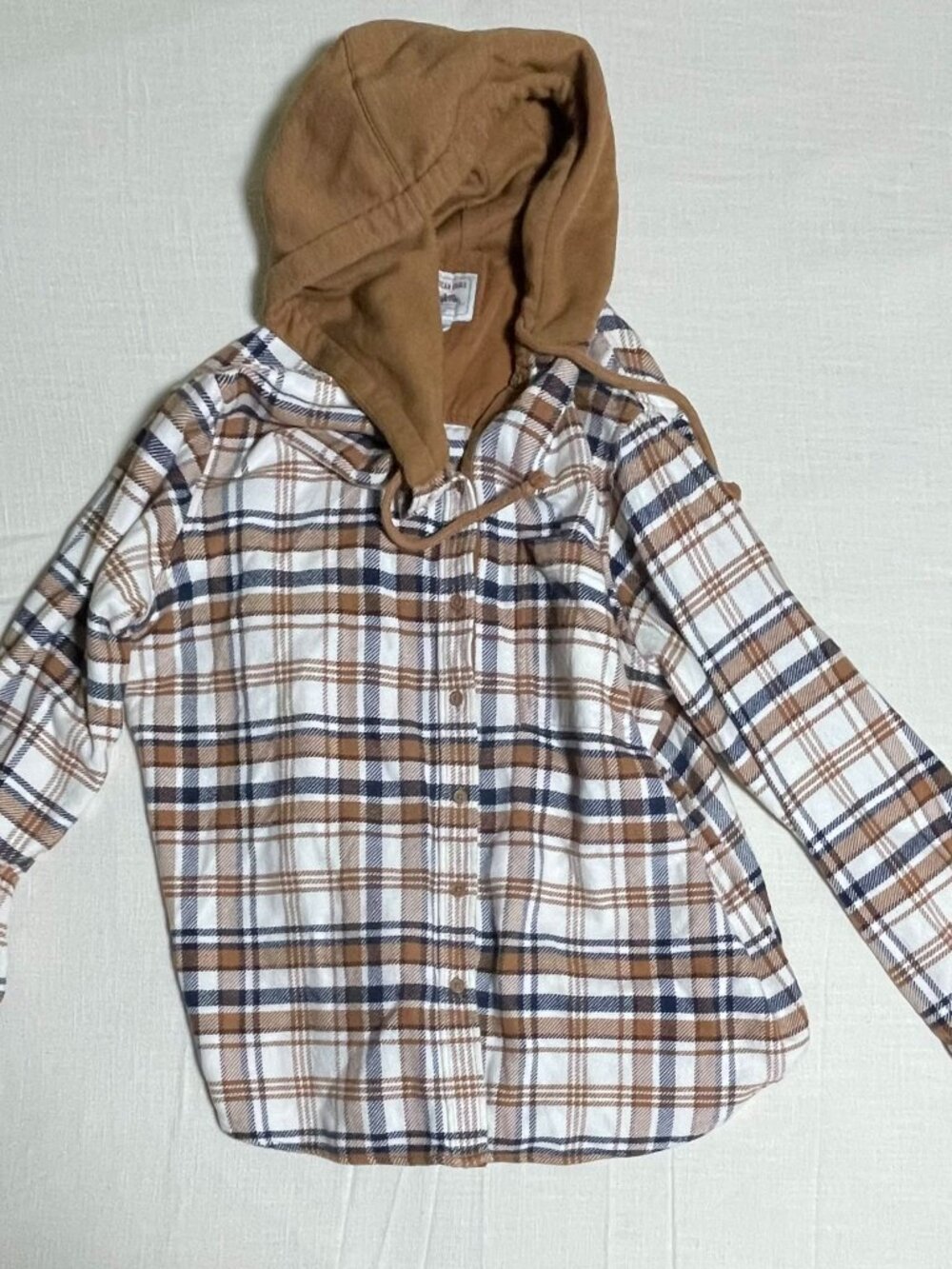 Unisex American Eagle White/Khaki/Blue Plaid Hooded Shirt (Size L)